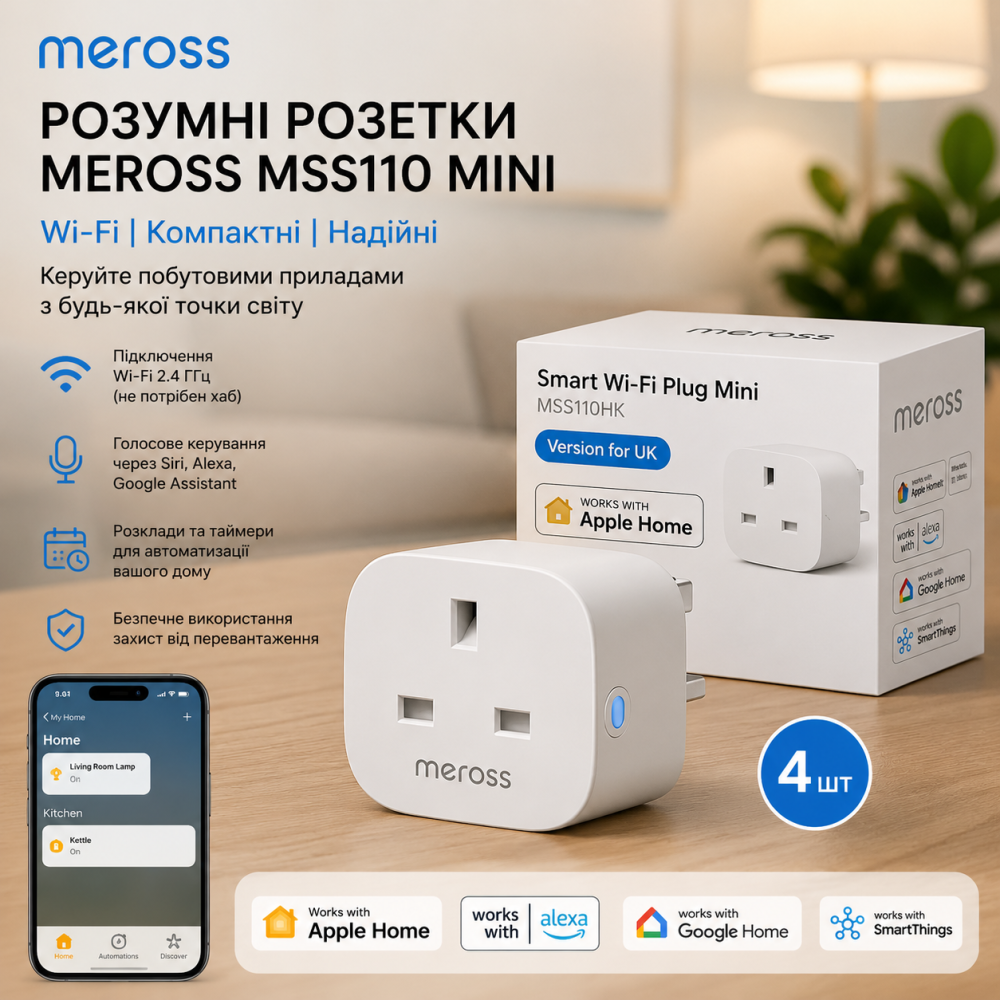 Розумні розетки Meross MSS110 Mini Wi-Fi (4 шт): Підтримка Apple HomeKit, Alexa, Google Home, SmartThings Київ - фото 8
