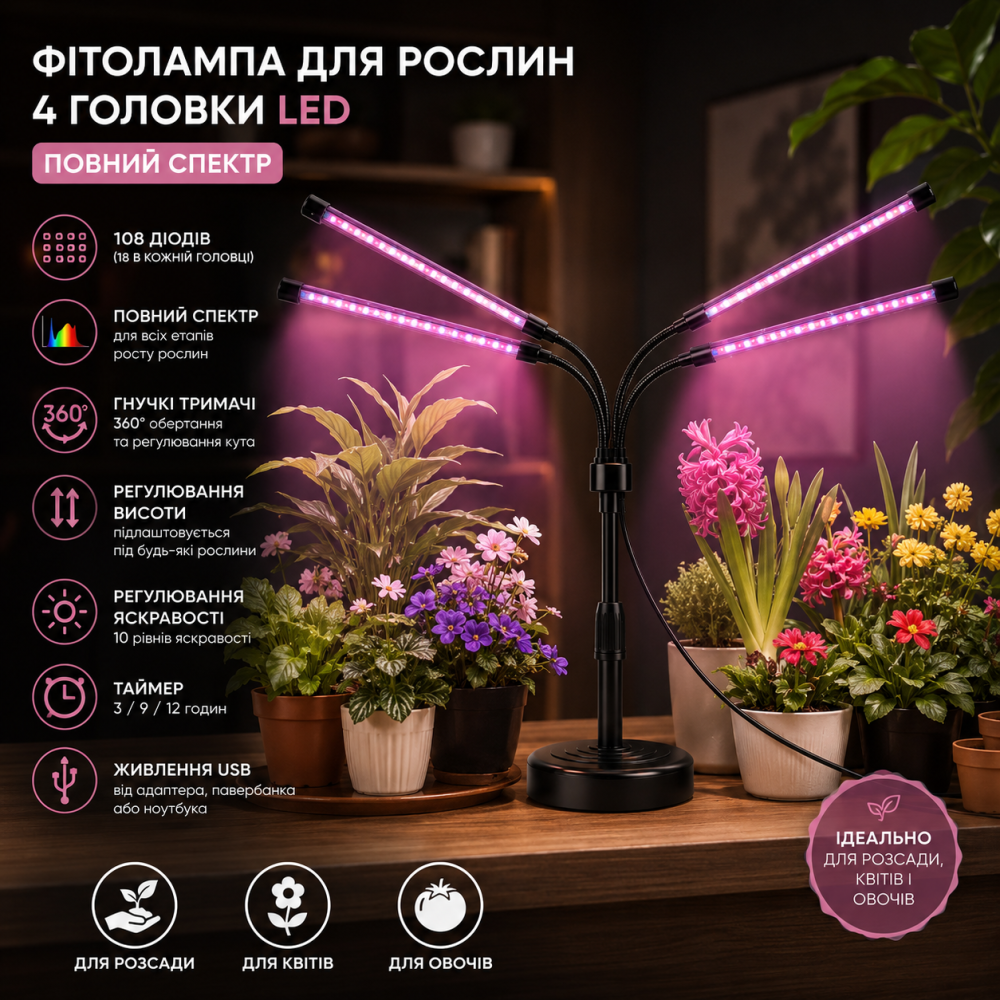 Фітолампа для рослин LED 108 діодів 4 головки повний спектр, гнучкі тримачі 360°, регулювання висоти, лампа для розсади, квітів, Київ - фото 8