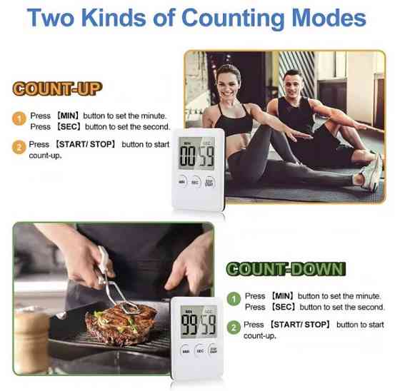 Таймер для кухні, зворотній відлік, колір білий, ЖК-дисплей, на магніті на задній частині виробу, розмір 7*5 см Київ