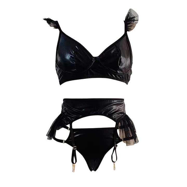 Спокусливий шкіряний комплект з підв'язками для панчіх - Чорний - S/M - Еротична білизна Вінниця - фото 5