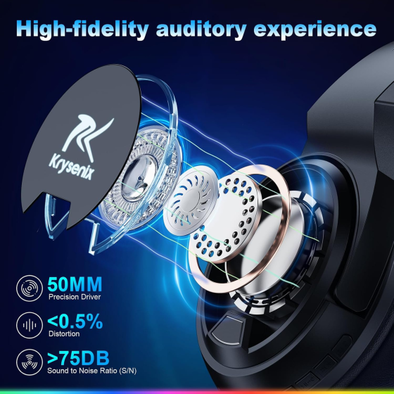 Ігрові навушники Krysenix PG4 бездротові, 2.4 ГГц, Bluetooth 5.4, 7.1 Surround, 50 мм, ENC, LED, для PS5/PS4/ПК, чорні Київ