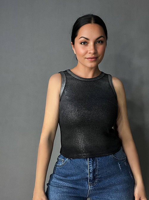 Майка женская A-N 332 в рубчик с эффектом серебристого напыления, черный, one size Киев - изображение 20