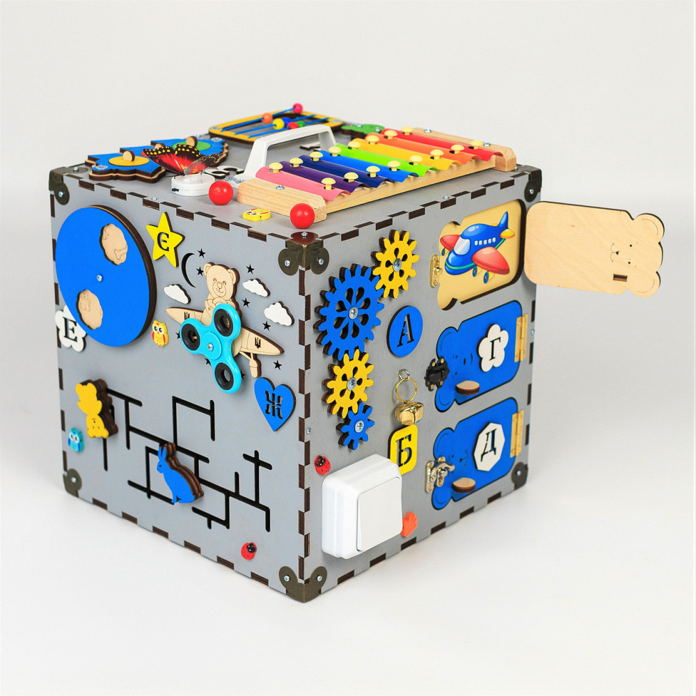 Бізікуб 30*30*30 Сірий дитячий куб Бізікуб для хлопчика Бізіборд Тернопіль - фото 1