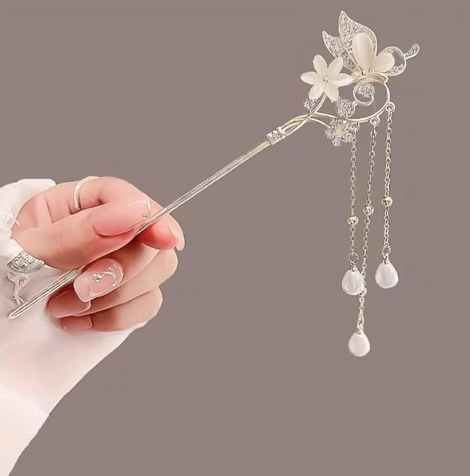 Заколка шпилька для волосся метелик з квіткою та підвісками Київ - фото 1