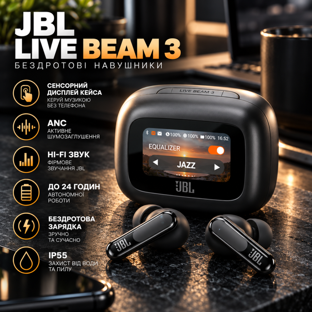 Навушники JBL Live Beam 3 Black Bluetooth з сенсорним дисплеєм кейсу, ANC, Hi-Fi звук, до 24 год, бездротова зарядка Київ - фото 12