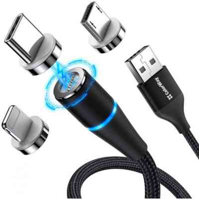 Дата кабель USB 2.0 AM to Lightning + Micro 5P + USB-C 1.0m Magnetic ColorWay (CW-CBUU038-BK) Винница