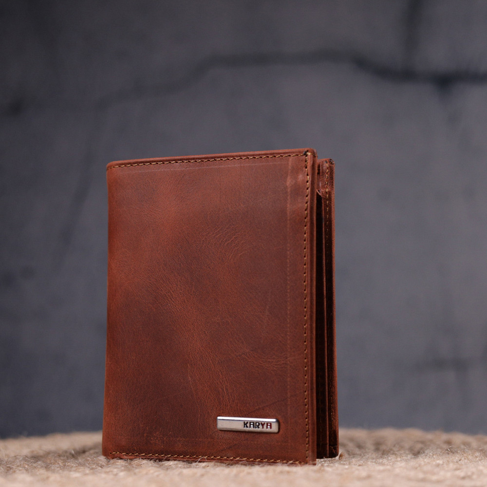 Мужское вертикальное портмоне без застежки в винтажной коже KARYA 21363 Рыжий Киев - изображение 7
