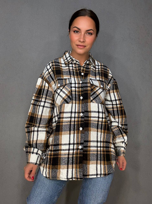 Сорочка жіноча YZY 223 картата оверсайз тепла байка, бежевий, one size Київ - фото 1