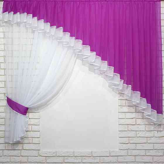 Кухонний комплект VR-Textil № 062к шторка з ламбрекеном фуксія з білим 200х170 см (50-281) Київ