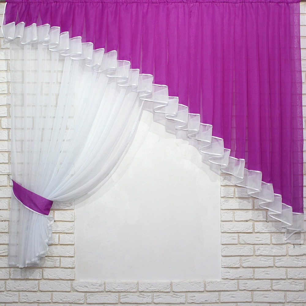 Кухонний комплект VR-Textil № 062к шторка з ламбрекеном фуксія з білим 200х170 см (50-281) Київ - фото 1