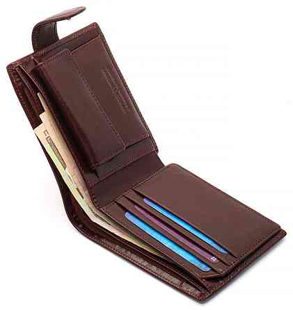 Чоловічий гаманець з натуральної шкіри Marco Coverna коричневе портмоне на застібку з кнопкою на подарунок чоловікові Київ