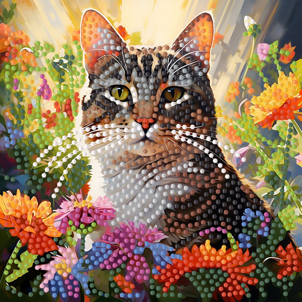 Алмазна мозаїка "Кіт серед квітів" ZAV1818-12, 18х18 см Вінниця - фото 1