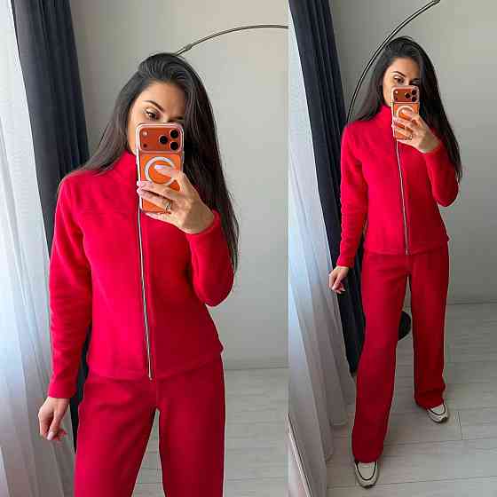 Жіночий повсякденний теплий костюм: кофта на блискавці та штани турецький двосторонній фліс Червоний, 46/48 Одеса