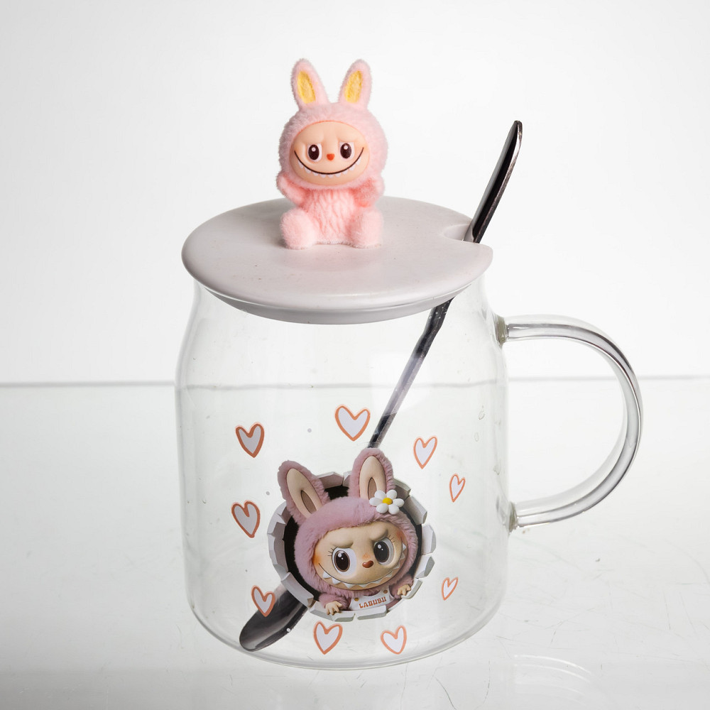 Yiwu Новорічна велика скляна чашка "Лабубу" з кришкою та ложкою 600 мл, Святкова кружка чашка д Коломия - фото 2