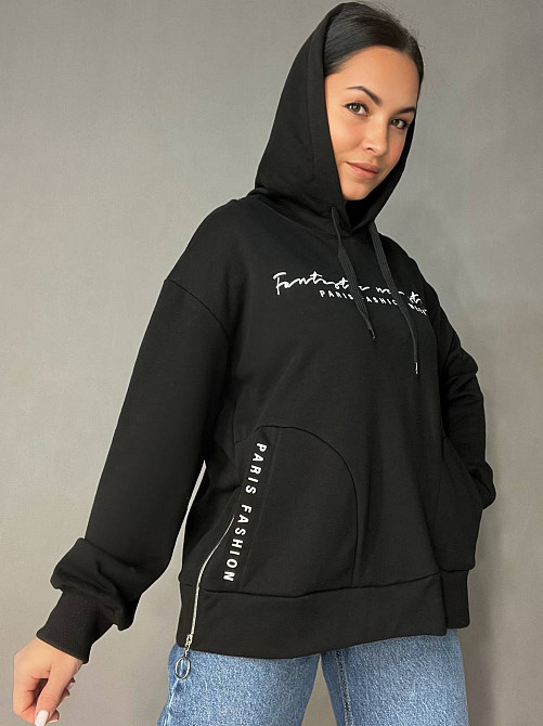 Худи женское Joggy 8072 оверсайз с капюшоном удлиненное с карманами и молнией черное, черный, XS Киев - изображение 1