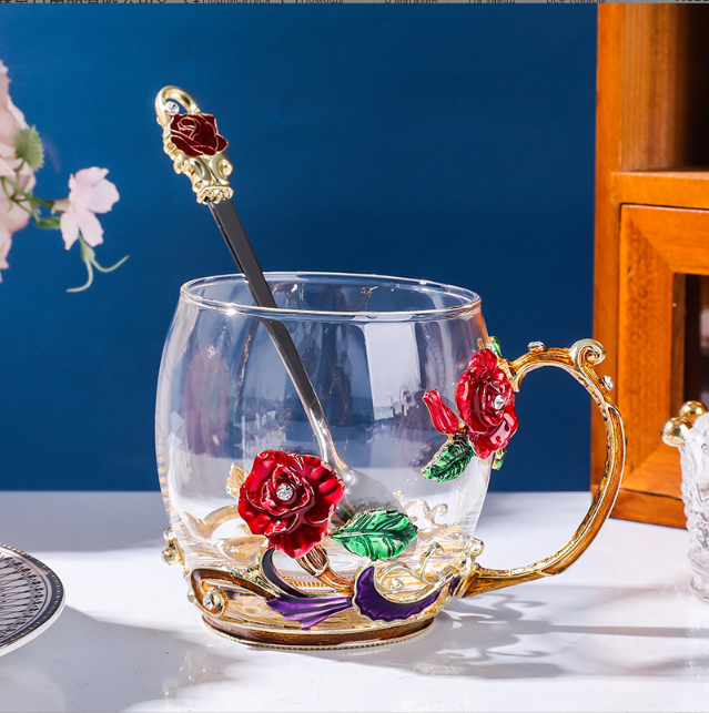 Чашка термостійка 320 мл з ложечкою блюдцем та кришечкою Чайна пара Червона троянда Подарункова упаковка Кременчук - фото 3