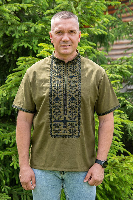 Вышиванка мужская, лен, короткий рукав,  хаки, топ Киев - изображение 1
