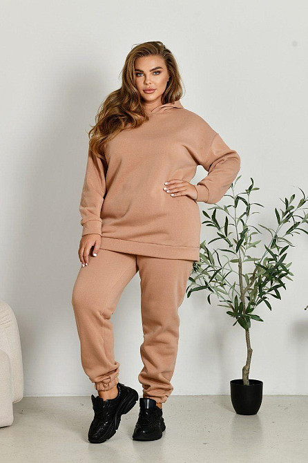 Женский прогулочный костюм: худи и штаны батал в спортивном стиле трехнитка на флисе Беж, 60/62 Одесса - изображение 3