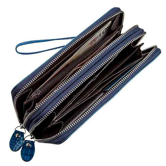 Кошелек женский из экокожи на две молнии лаковый Синий (KIVI) Киев