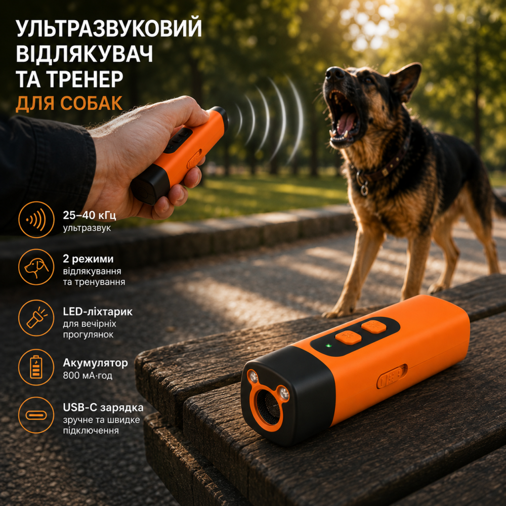 Ультразвуковой отпугиватель и тренер для собак 15 м, 25–40 кГц, 2 режима, LED-фонарик, аккумулятор 800 мА·ч, USB-C Киев - изображение 1