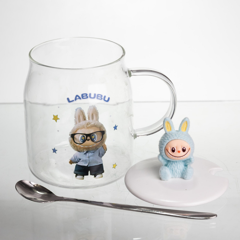 Новорічна велика скляна чашка "Лабубу" з кришкою та ложкою 600 мл,Святкова кружка чашка для дітей на подарунок Блакитний FM-56D Київ - фото 4
