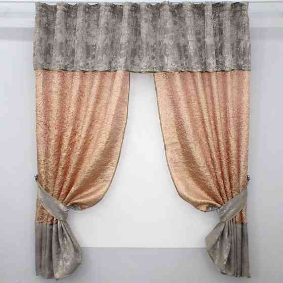 Кухонные шторы VR-Textil № 073к с ламбрекеном и подхватами персиковый с кофейно-серым 275х170 см (52-0476) Киев