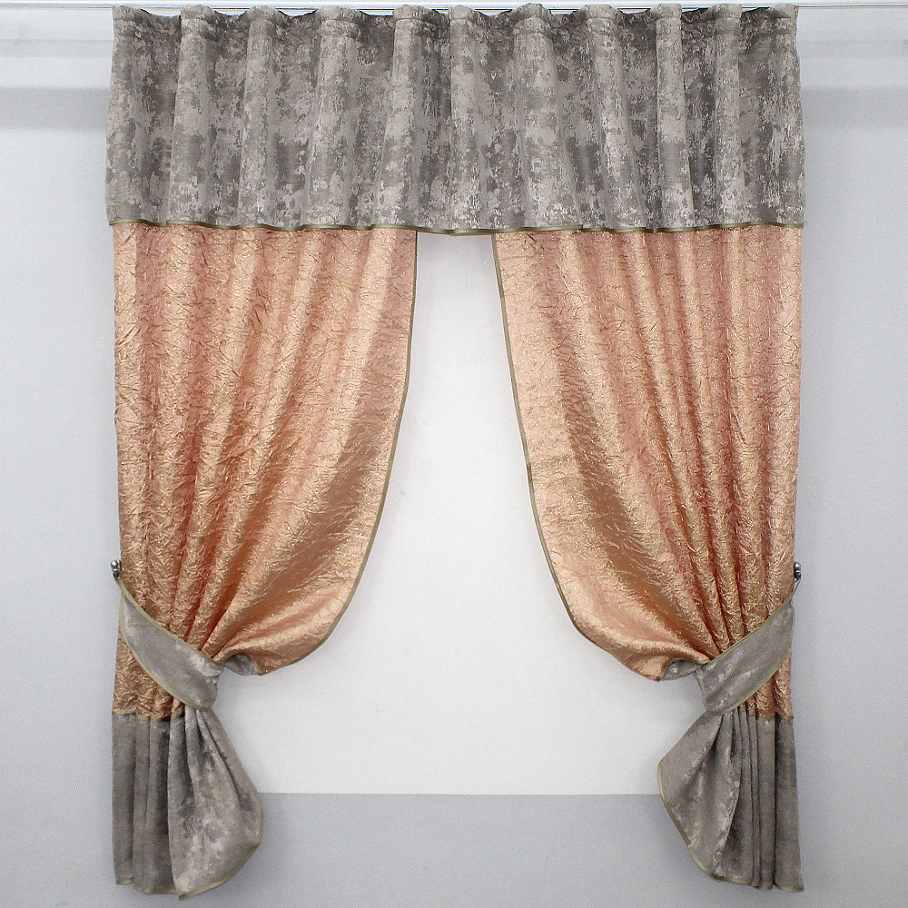Кухонные шторы VR-Textil № 073к с ламбрекеном и подхватами персиковый с кофейно-серым 275х170 см (52-0476) Киев - изображение 1
