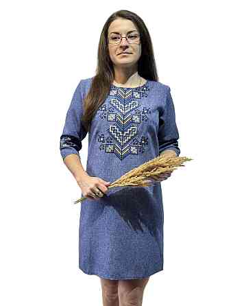 Женское вышитое платье с сине-желтым орнаментом Цветок Киев