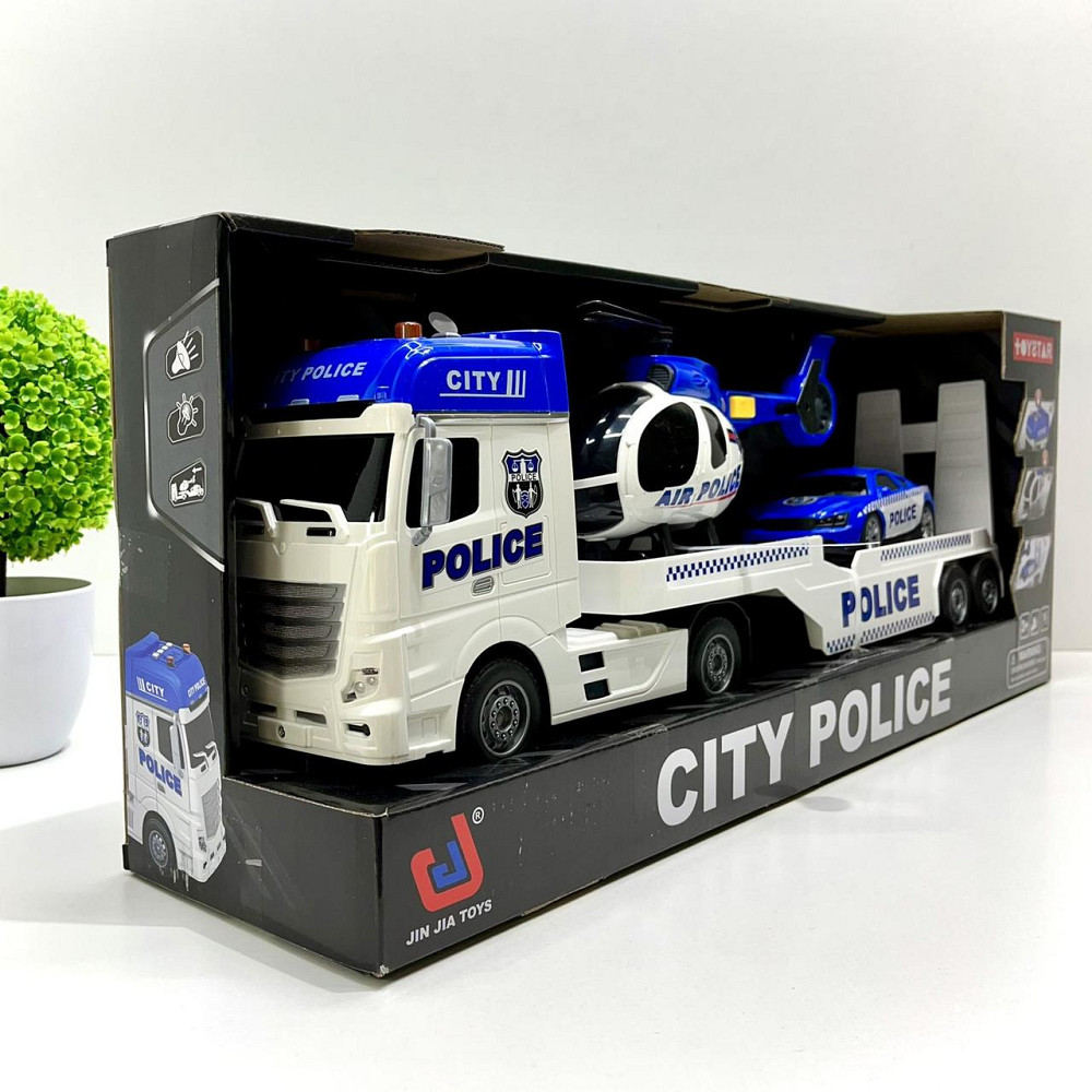 Трейлер Поліцейська машина звуки підсвічування інерція гумові шини машинка вертоліт Синій (666-66 F) Чернігів - фото 4