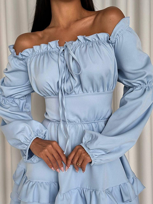 Женское стильное мини платье с воланами креп костюмка Голубой, 44/46 Одесса - изображение 7