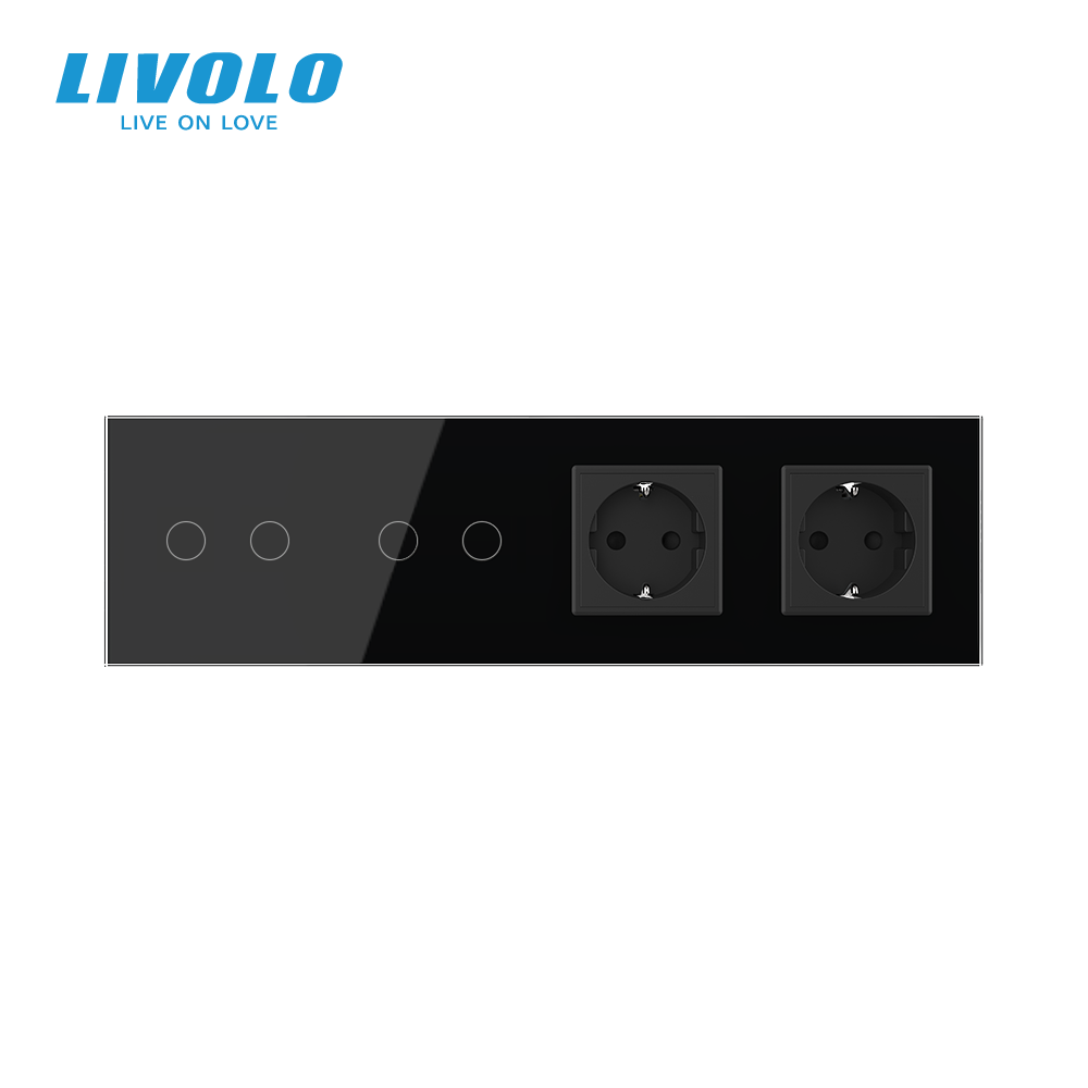 Сенсорний вимикач 4 сенсора (2-2) 2 розетки Livolo чорний скло (VL-C702/C702/C7C2EU-12) Коломыя - изображение 6