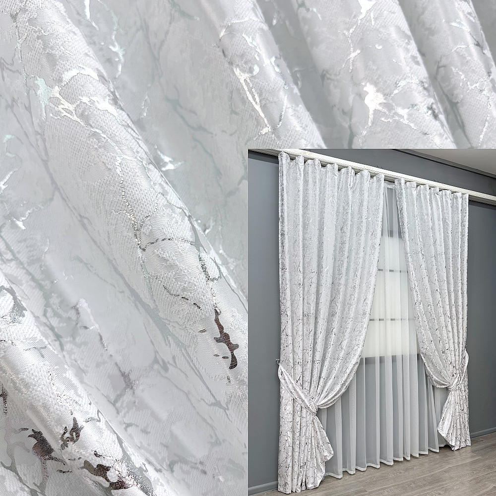 Комплект готових штор VR-Textil Льон мармур Royal Touch № 2009ш Білий 200х270 см 2 шт (32-483) Київ - фото 1