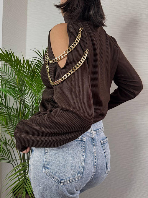 Стильний жіночий під горло светр із ланцюжком щільна ангора рубчик на фліс Шоколад, 48/50 Одеса - фото 7