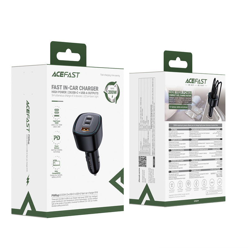 Автомобільний зарядний пристрій ACEFAST B18 200W(2USB-C+USB-A)fast car charger Black Одеса - фото 2