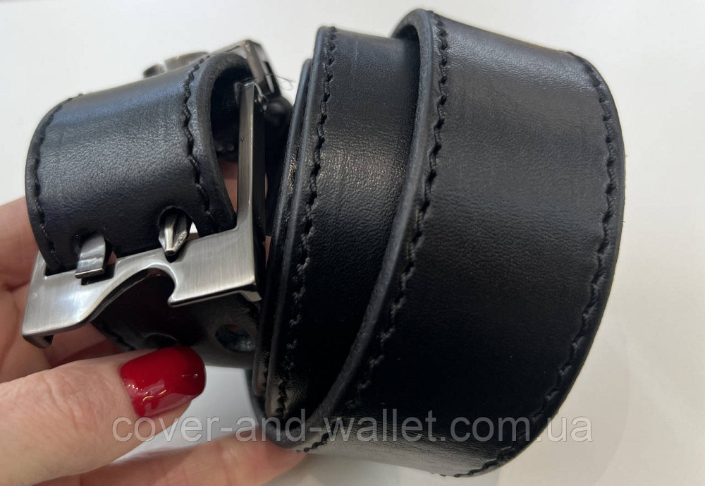 Модний чоловічий ремінь з натуральної шкіри з оригінальною пряжкою на дві спиці 40 мм PS Leather (чорний) Київ - фото 5