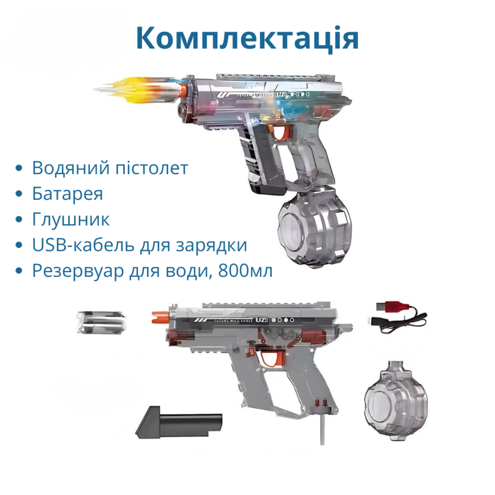 Водный пистолет для детей, электрический бластер UZI с автоматическим наполнением водой, синий Каменец-Подольский - изображение 2