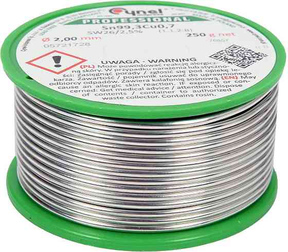 Припій без свинцю CYNEL : Ø2 мм, Sn99,3-Cu0,7 дротяний на коташці з флюсом m= 250 г [20] Одеса