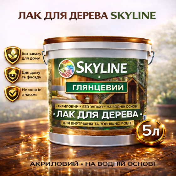 Лак для дерева Skyline глянцевий акриловий прозорий без запаху для внутрішніх та зовнішніх робіт 5 л Харків