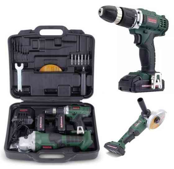 SR-016 Акумуляторний набір інструментів: кутова шліфмашина 125мм + дриль-шуруповерт 20,4В, 2 батареї та кейс Одеса