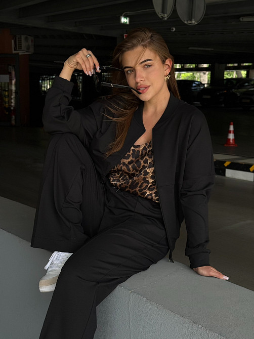 Жіночий костюм оверсайз з широкими штанами з двонитки Чорний 50/52 Харків - фото 16