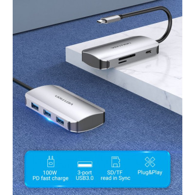 Концентратор Vention USB3.1 Type-C --> USB 3.0x3/SD/TF/PD 100W Hub 6-in-1 (TNHHB) Винница - изображение 2