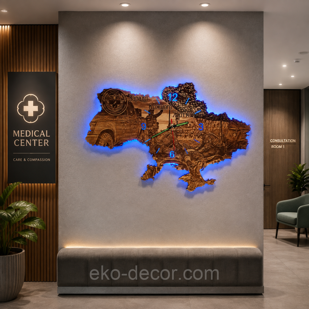 Патріотичний дерев'яний годинник-нічник з LED-підсвіткою «Мапа України: Заради кожного життя» (Військово-медична служба 65*44 см Київ - фото 9