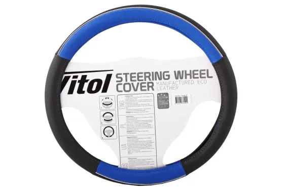 Оплетка на кермо S Vitol F-17003BL-S чорний/синій з хром. вставкою Вінниця