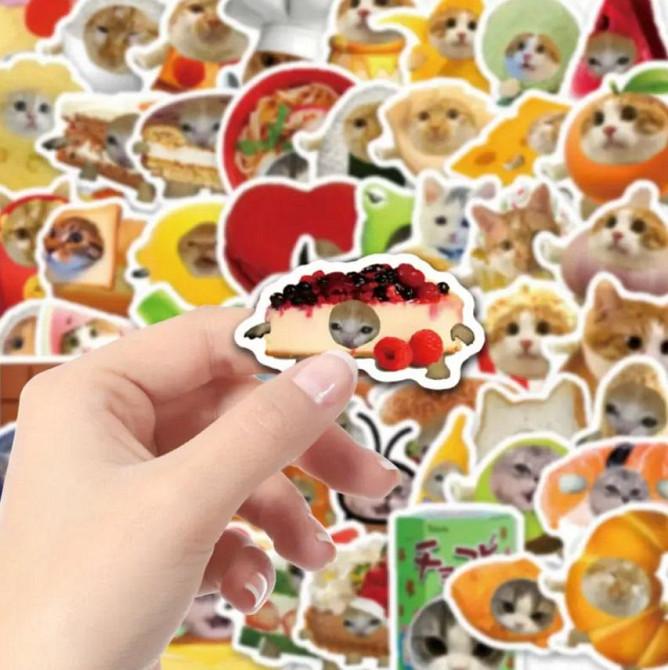 Стікери з котами та їжею - Водонепроникні вінілові наклейки з котами, стікербомбінг. Набір 50 штук. Київ - фото 8