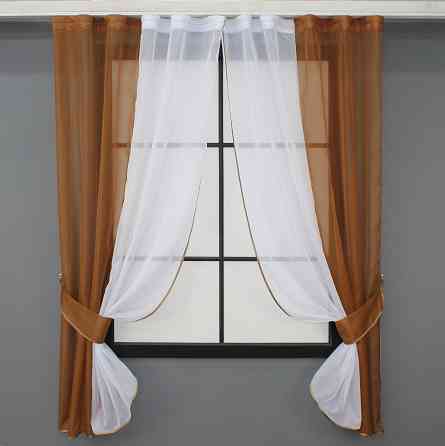 Кухонные шторы VR-Textil № 017к комбинированные с подвязками коричневый с белым 265х170 см (50-021) Киев