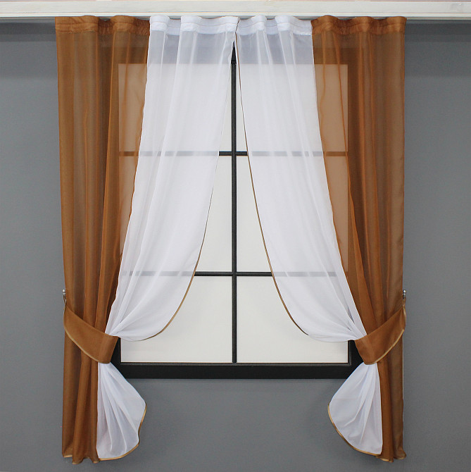 Кухонные шторы VR-Textil № 017к комбинированные с подвязками коричневый с белым 265х170 см (50-021) Киев - изображение 1