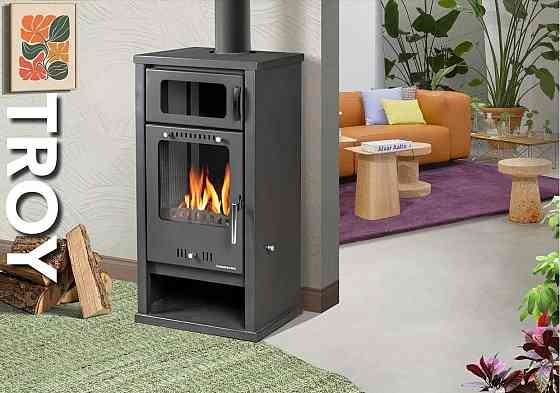 Піч-камін на дровах Hosseven TROY 5025 7,5 кВт сталева буржуйка з чавунною топкою та духовкою верхній димохід Київ