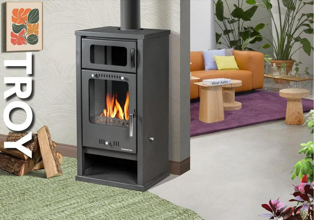 Піч-камін на дровах Hosseven TROY 5025 7,5 кВт сталева буржуйка з чавунною топкою та духовкою верхній димохід Тернопіль - фото 3