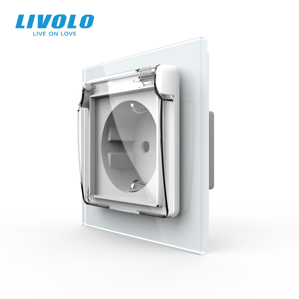LIVOLO Електрична розетка вологозахисна з кришкою IP44 з заземленням, LIVOLO, біла, скляна рамк Коломия - фото 1