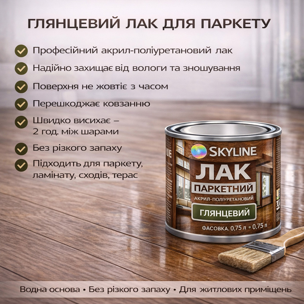Лак для підлоги глянцевий Skyline паркетний, акрил-поліуретановий, водний, зносостійкий, без запаху, 750 мл Харків - фото 9